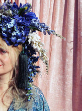 Load image into Gallery viewer, Large Blue and Green Floral Headdress with hydrangeas and Tassels
