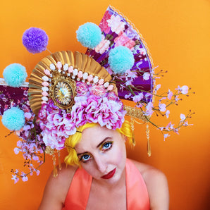 Giant Geisha Pom Pom Fan Headdress