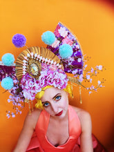 Load image into Gallery viewer, Giant Geisha Pom Pom Fan Headdress
