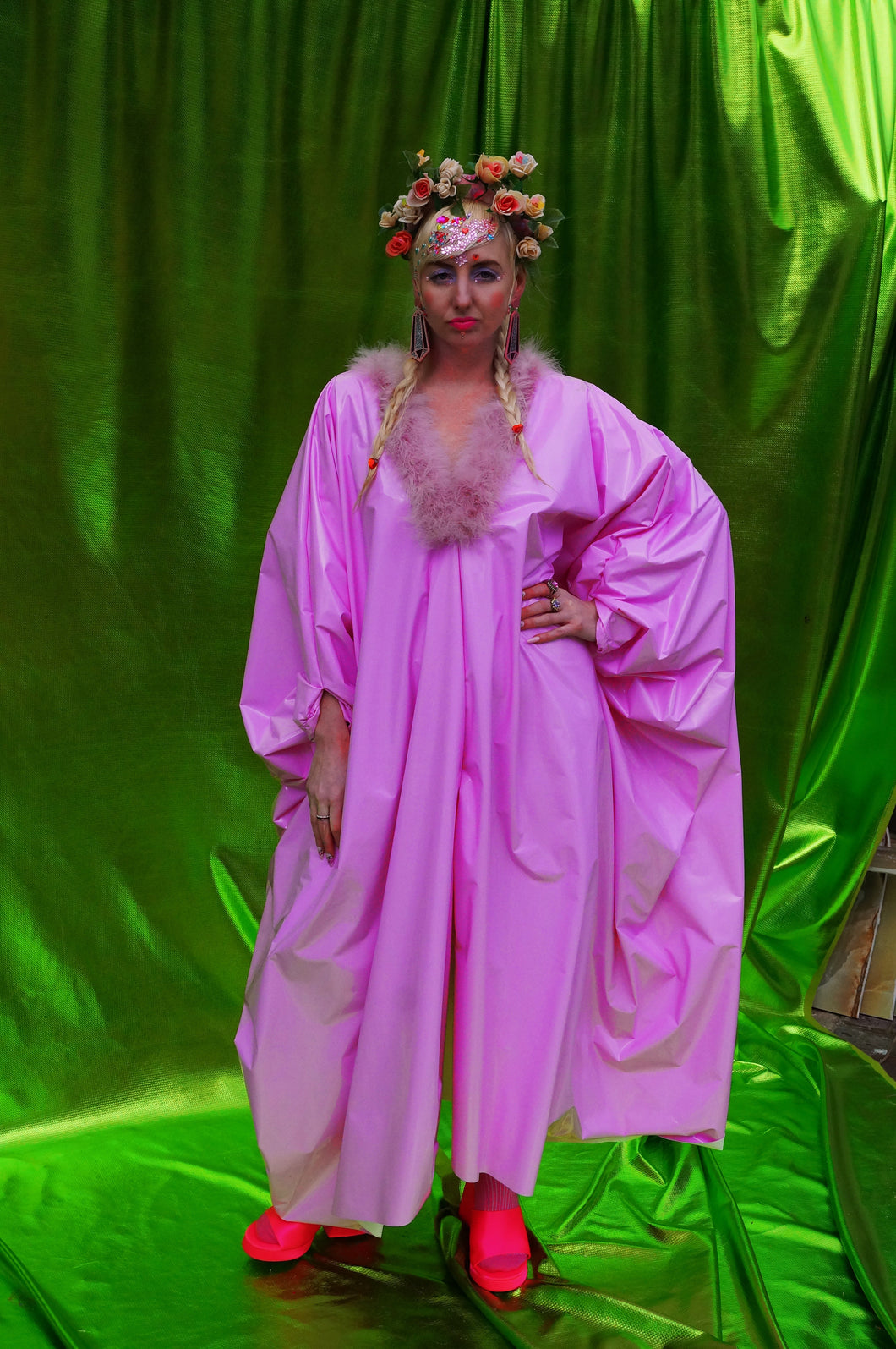 Baby Pink Marabou Trim PVC kaftan Dress