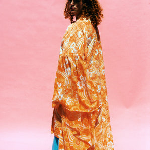 Orange / peach / white Patterned ruffled 60s quilted Housecoat Size 8 - 22 UK