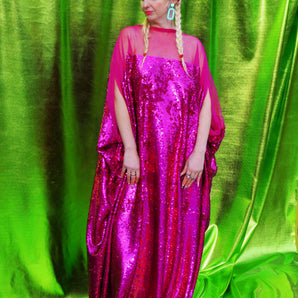 Cerise Holographic Sequin Mesh High neck Kaftan Gown