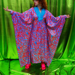 Groovy Chic Psychedelic holographic pink and blue Marabou trim kaftan Gown