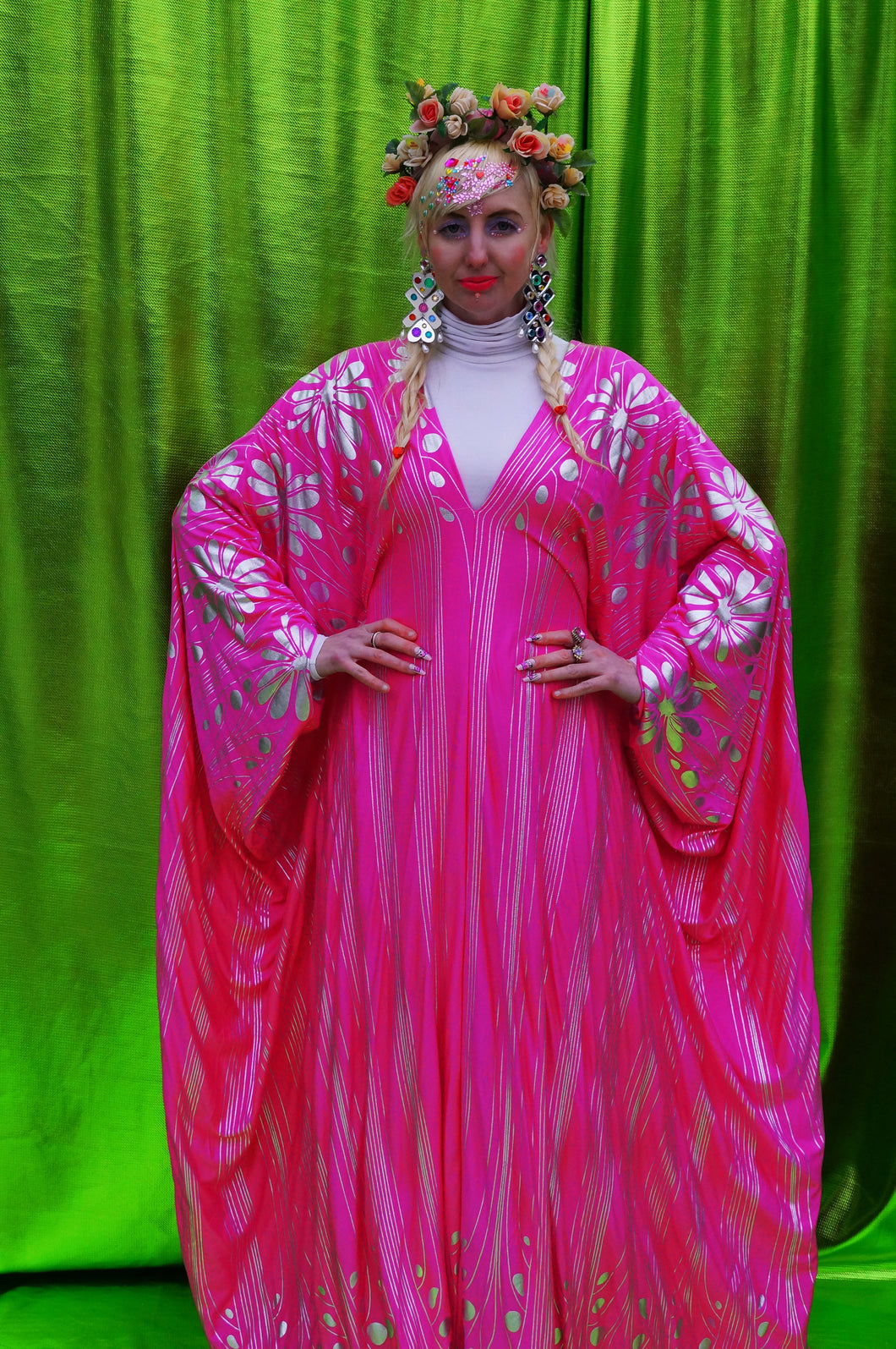 Pink and Silver Floral Kaftan Dress
