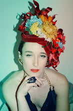 Load image into Gallery viewer, Red hat Headdress - Fascinator - Burlesque - FLOWERS - Vintage - floral headpiece -crown - velvet
