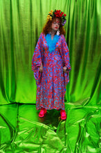 Load image into Gallery viewer, Groovy Chic Psychedelic holographic pink and blue Marabou trim kaftan Gown
