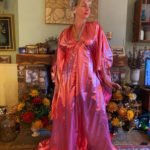 Shiny Foil Lamé Metallic Kaftan Dress - Pink
