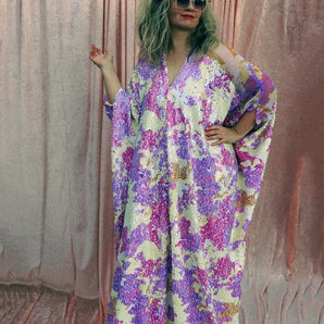 Abstract Lilac and Cream Heavily Sequin V-neck Mesh Shoulder Kaftan Gown