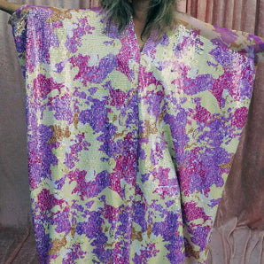 Abstract Lilac and Cream Heavily Sequin V-neck Mesh Shoulder Kaftan Gown