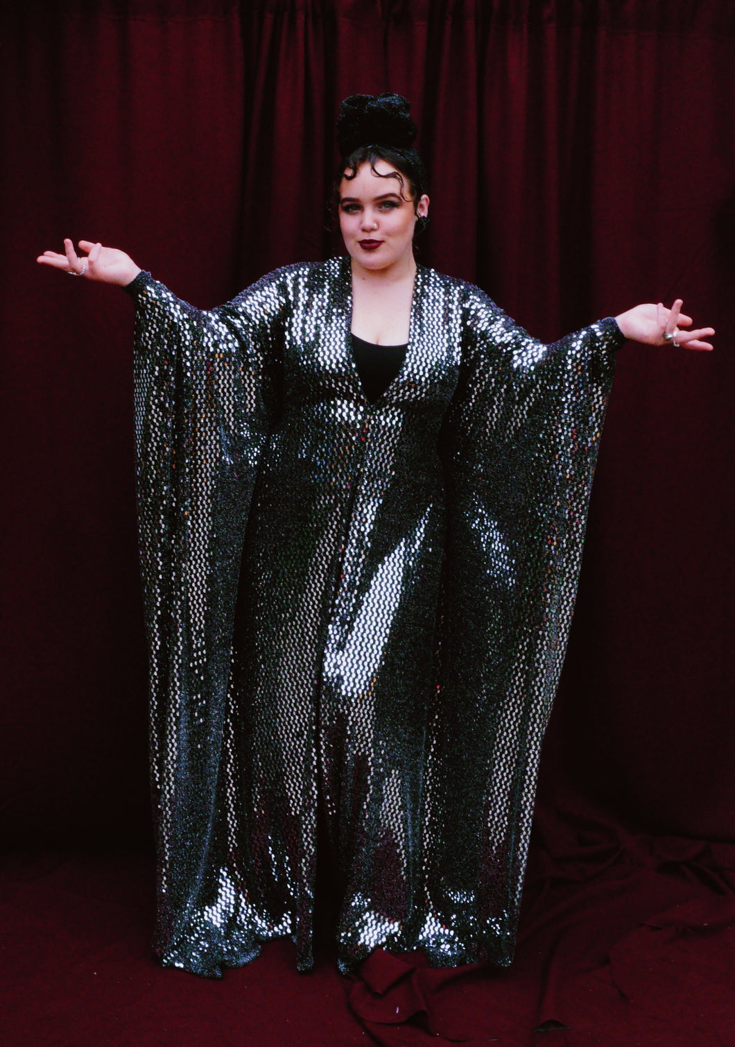 Silver and Black Mirrored Stretch Robe / Maxi Dress / Mini Dress