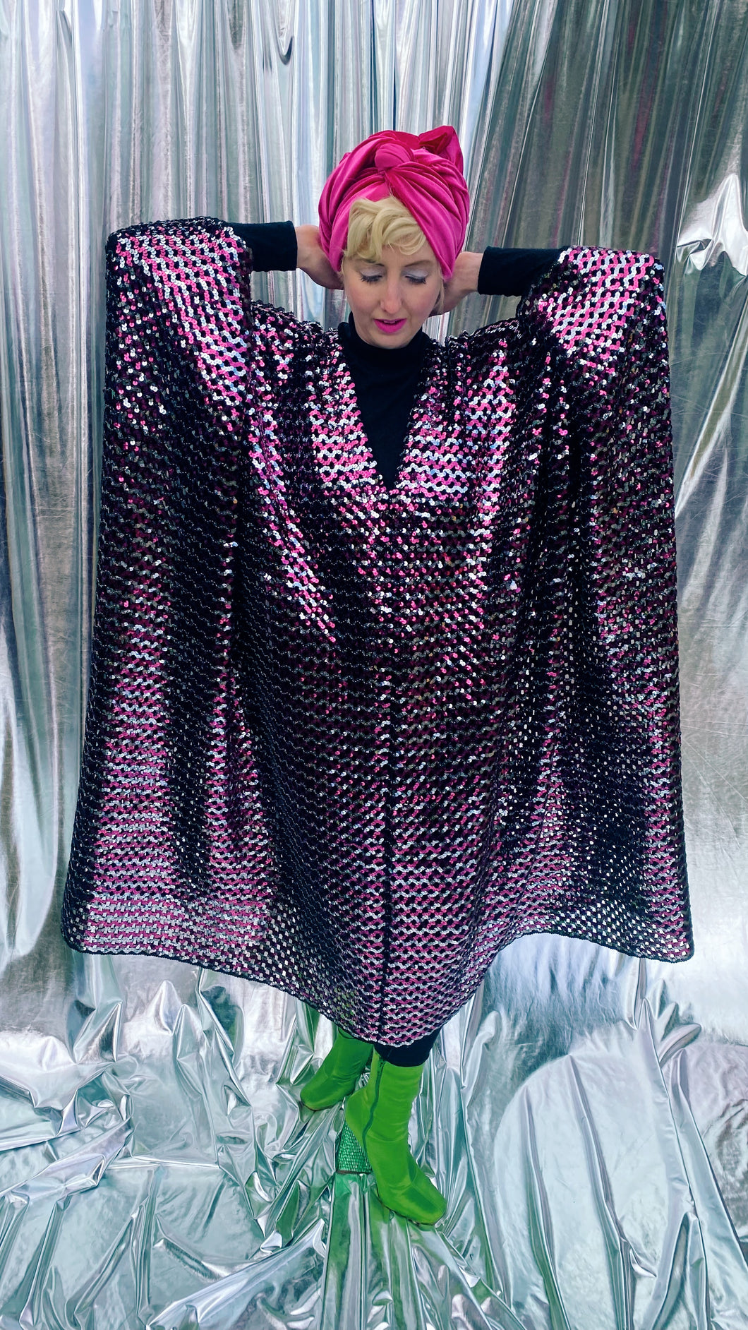 Vintage pink and Silver Crochet Sequin Kaftan Gown - Studio 54