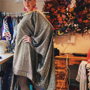 Holographic Patterned two tone Silver-Gold-Purple Glittered Mini Kaftan Dress