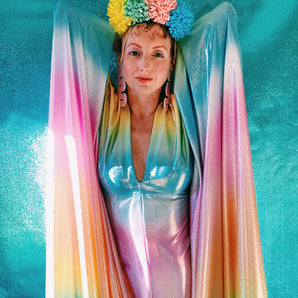 Sleeve of dreams with our Liquid Holographic Pastel Rainbow Studio 54 Maxi Kaftan Dress