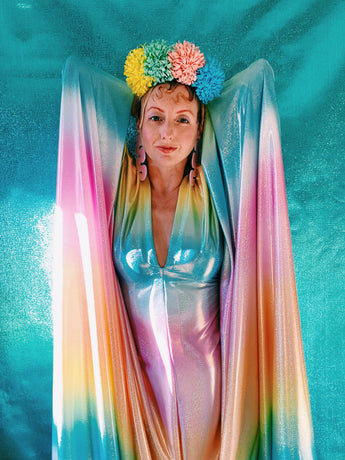 Sleeve of dreams with our Liquid Holographic Pastel Rainbow Studio 54 Maxi Kaftan Dress