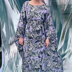 Romantic Floral Lilac, black and white floaty kaftan dress