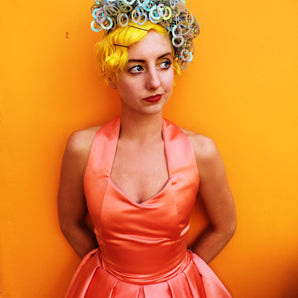 Blue iridescent sequin sprays headpiece.