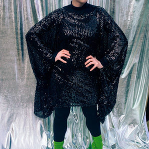 Black Sequin mesh Mini off the shoulder Kaftan - Studio 54