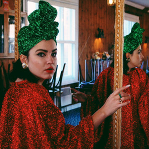 Metallic Tinsel Knit Top Knot Turban