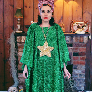 Metallic Tinsel Knit Kaftan Dress - GREEN *4 WEEK DELIVERY