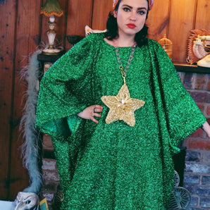 Metallic Tinsel Knit Kaftan Dress - GREEN *4 WEEK DELIVERY