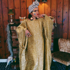Metallic Tinsel Knit Kaftan Dress - GOLD *4 WEEK DELIVERY