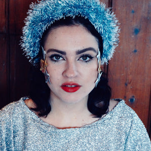 Fuzzy blue and white vintage tinsel headband