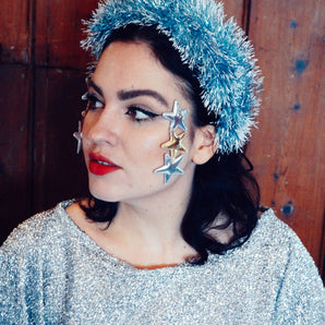 Fuzzy blue and white vintage tinsel headband