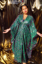 Load image into Gallery viewer, *Christmas Special* Green Tinsel Multi-coloured Shimmer Kaftan V-neck Maxi Dress
