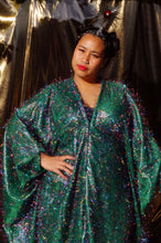 Load image into Gallery viewer, *Christmas Special* Green Tinsel Multi-coloured Shimmer Kaftan V-neck Maxi Dress
