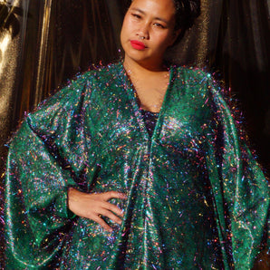 *Christmas Special* Green Tinsel Multi-coloured Shimmer Kaftan V-neck Maxi Dress