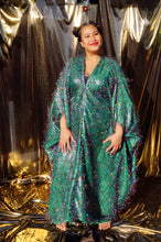 Load image into Gallery viewer, *Christmas Special* Green Tinsel Multi-coloured Shimmer Kaftan V-neck Maxi Dress
