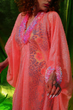 Load image into Gallery viewer, Pale Pink Sheer lurex kaftan dress with frilly trim
