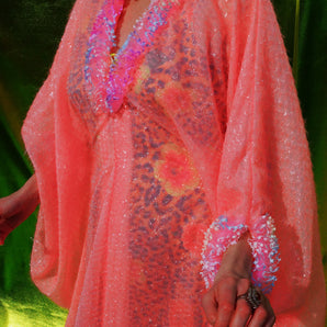 Pale Pink Sheer lurex kaftan dress with frilly trim