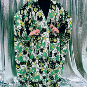Paisley Print 70s era floral green and black Kaftan Dress