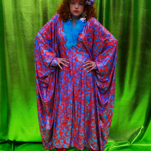 Groovy Chic Psychedelic holographic pink and blue Marabou trim kaftan Gown