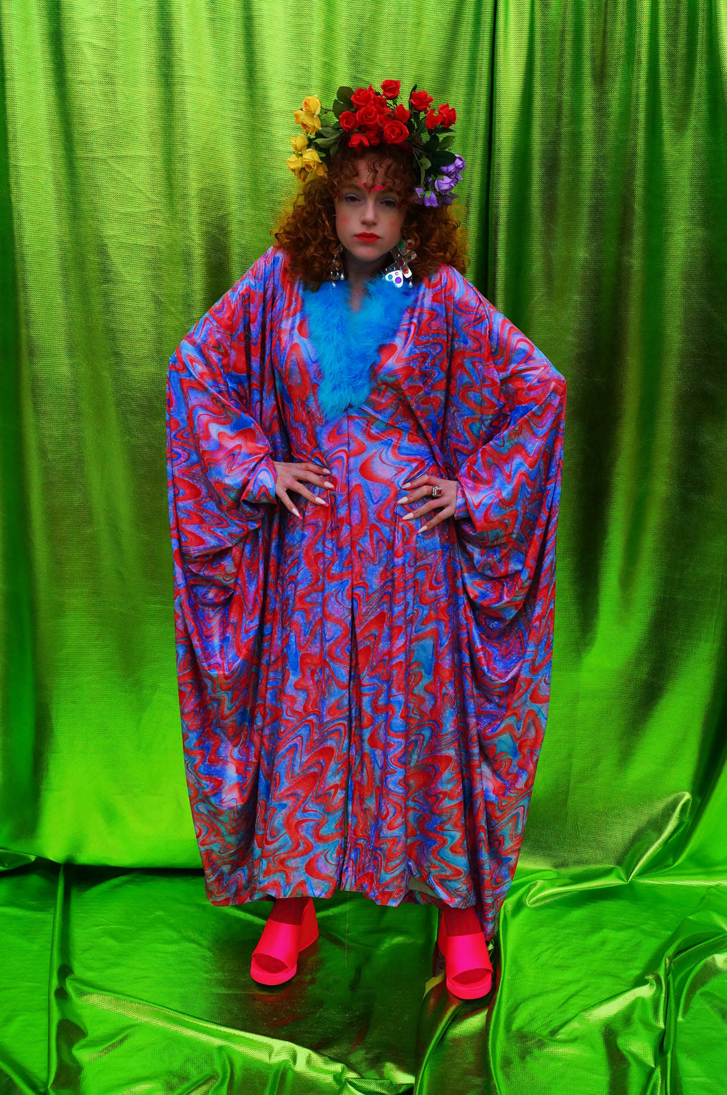 Groovy Chic Psychedelic holographic pink and blue Marabou trim kaftan Gown