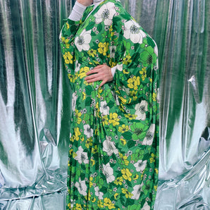 Spring Flower power floral Green and white Kaftan Gown