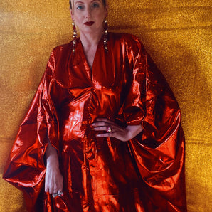Shiny Foil Lamé Metallic Kaftan Dress - RED