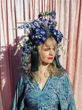 Load image into Gallery viewer, Large Blue and Green Floral Headdress with hydrangeas and Tassels
