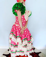 Load image into Gallery viewer, VINTAGE CREAM ,PINK &amp; GREEN ORIGINAL LONG SPANISH FLAMENCO DANCE DRESS 12/14
