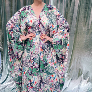 Divine Leafy green and purple Jungle print silky bejewelled kaftan dress