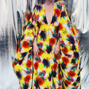 Psychedelic Acid trip neon yellow and orange print silky kaftan dress