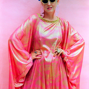 Cerise Pink and Gold metallic stretch Kaftan Dress