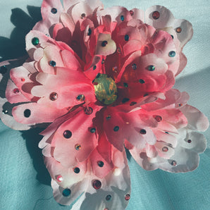 Rainbow Rhinestones bejewelled pink peony brooch and hair clip
