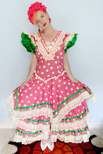 Load image into Gallery viewer, VINTAGE CREAM ,PINK &amp; GREEN ORIGINAL LONG SPANISH FLAMENCO DANCE DRESS 12/14

