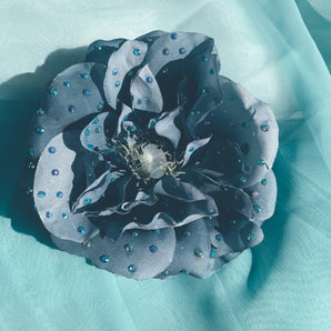 Cornflower Blue Cabbage Rose Bejewelled Brooch