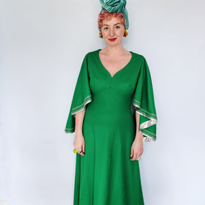 Love witch Green and Silver Angel Sleeve 70s maxi dress *Personal Collection*