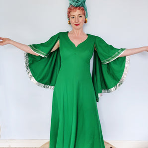 Love witch Green and Silver Angel Sleeve 70s maxi dress *Personal Collection*