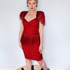 RED hot sequin Tassled Shoulder pad dress