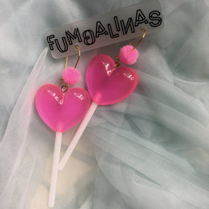 Super cute Love heart Earrings with pom poms 9cm